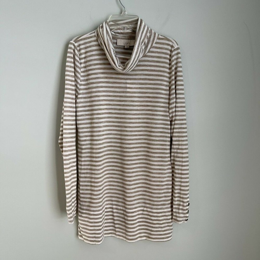 New LOFT Beige White Striped Long Sleeve Cowl Neck Tunic